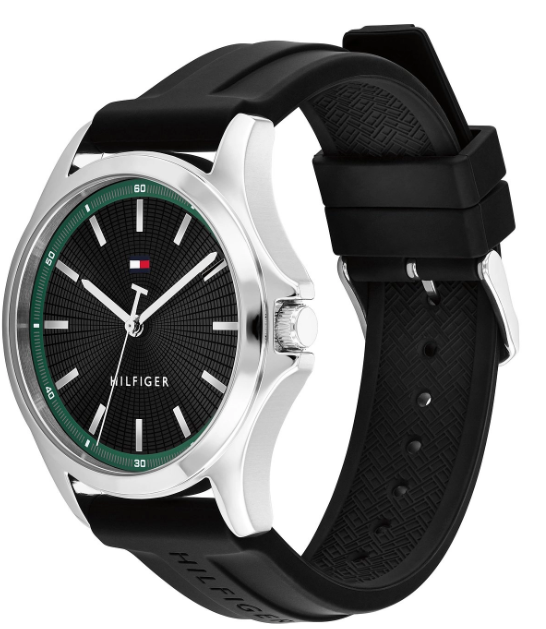TOMMY HILFIGER BLACK/GREEN DIAL GENTS BLACK SILICONE WATCH