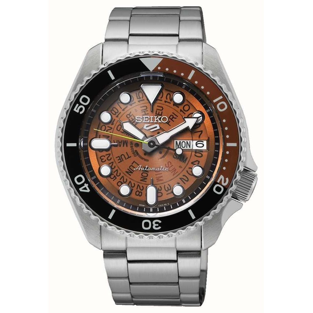 Seiko 5 Sports SKX Burnt orange Skeleton Style watch 