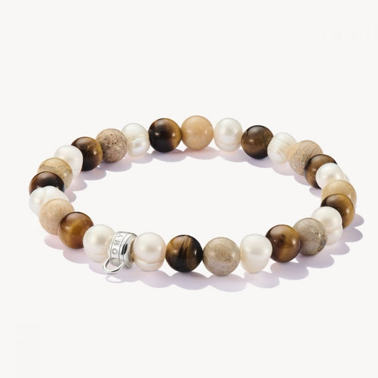 Silver Beads Bracelet Eith Ecru-Coloured Stones