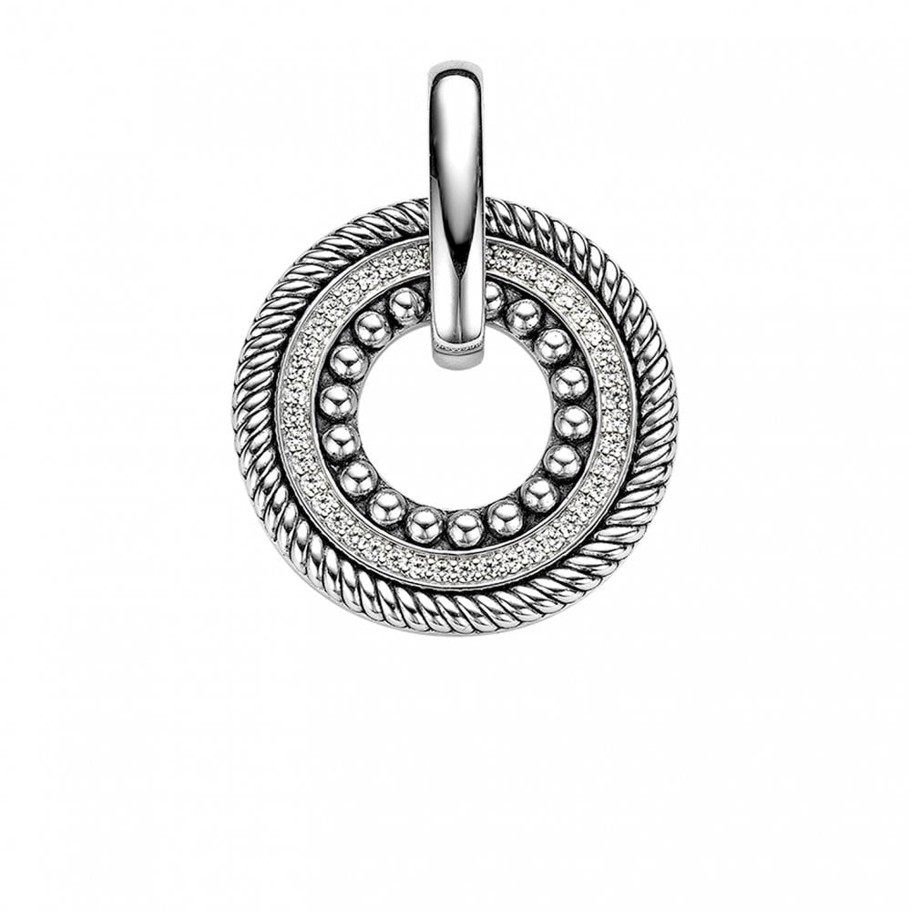 Silver Milano Open Circle Pendant With Rope, Cubic Zirconia & Bobble Layers.