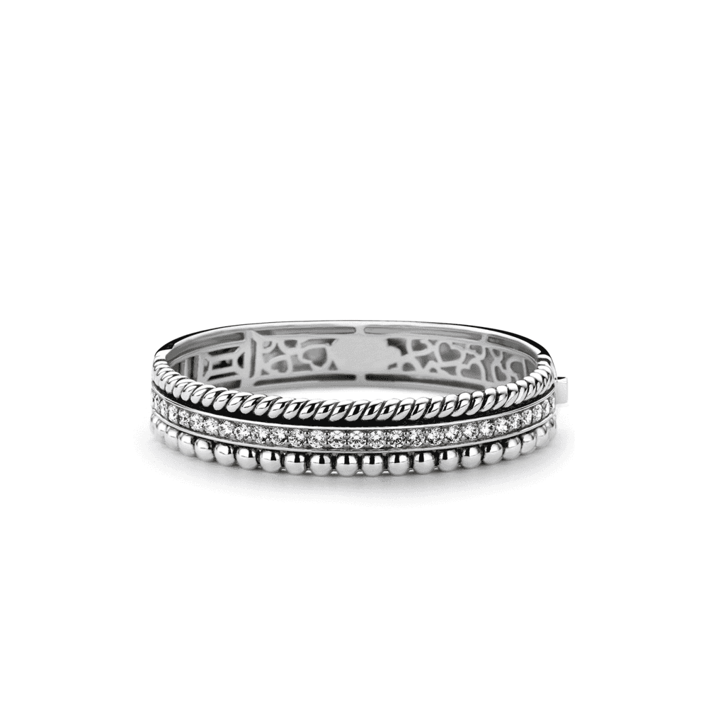 Silver Milano Oxidised Three Row Bangle with Zirconium Centre