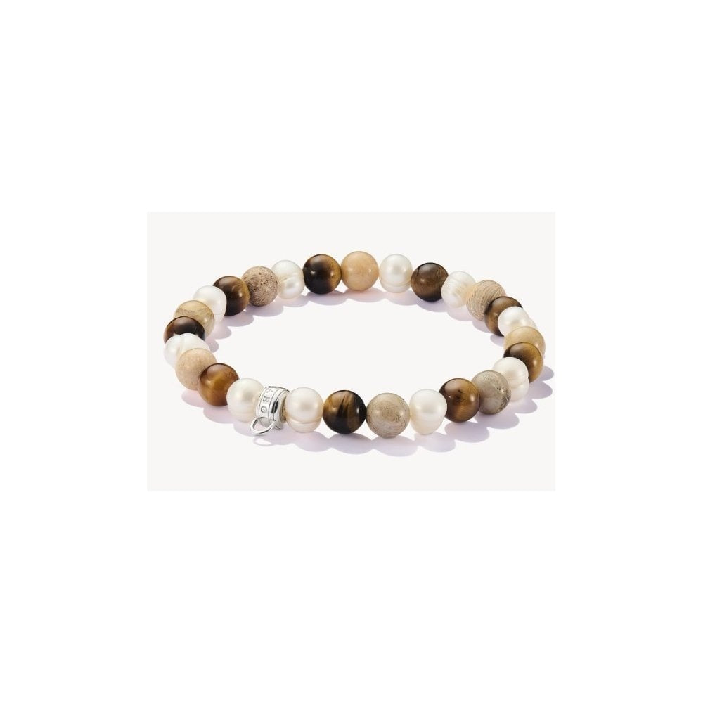 Silver beads bracelet with ecru-coloured stones length 19