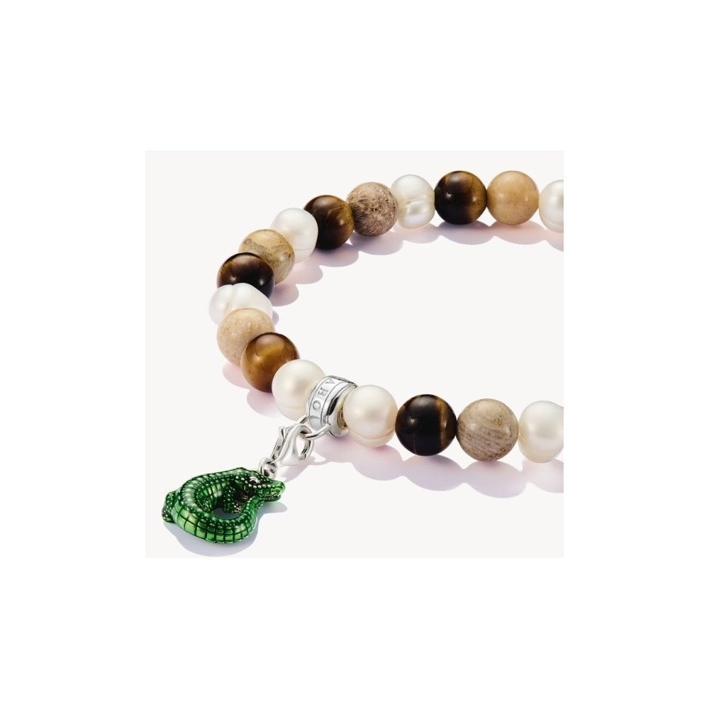 Silver beads bracelet with ecru-coloured stones length 19