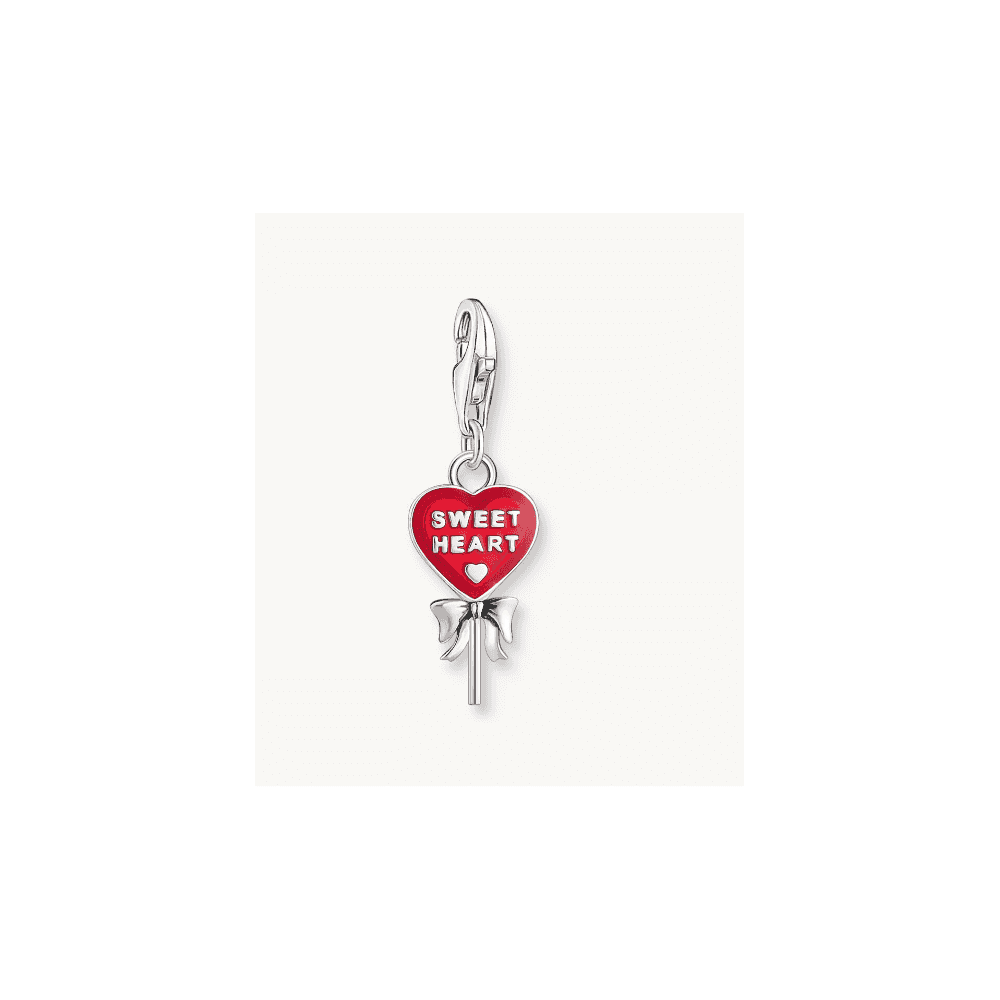 Silver charm pendant with red lollipop-heart