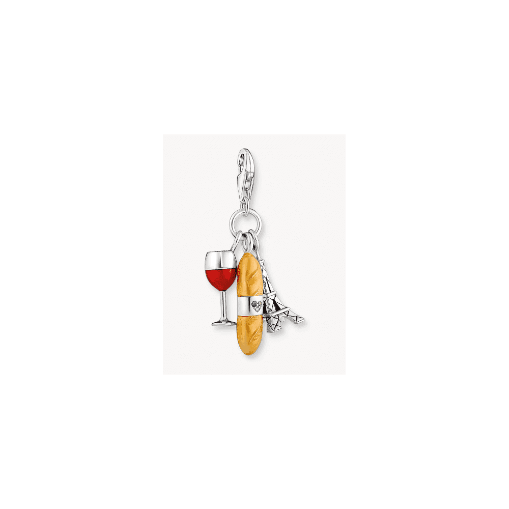 Silver charm pendant with red wine glass, Eiffel Tower & baguette