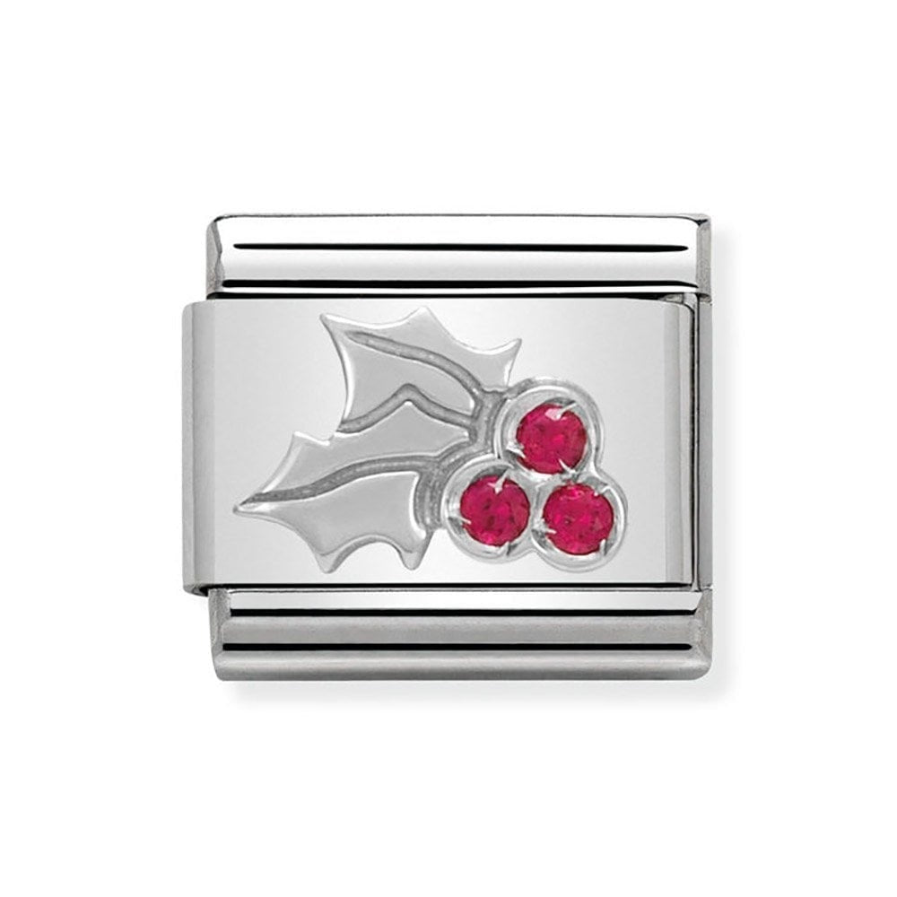 Stainless steel red berry holly nomination charm with 3 red zirconia stones