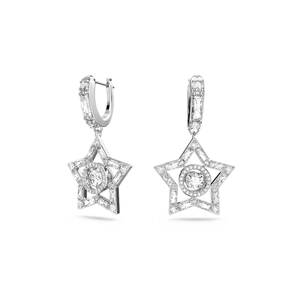Stella drop earrings, Mixed cuts, Star, White, Rhodium plated