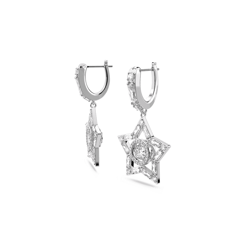 Stella drop earrings, Mixed cuts, Star, White, Rhodium plated
