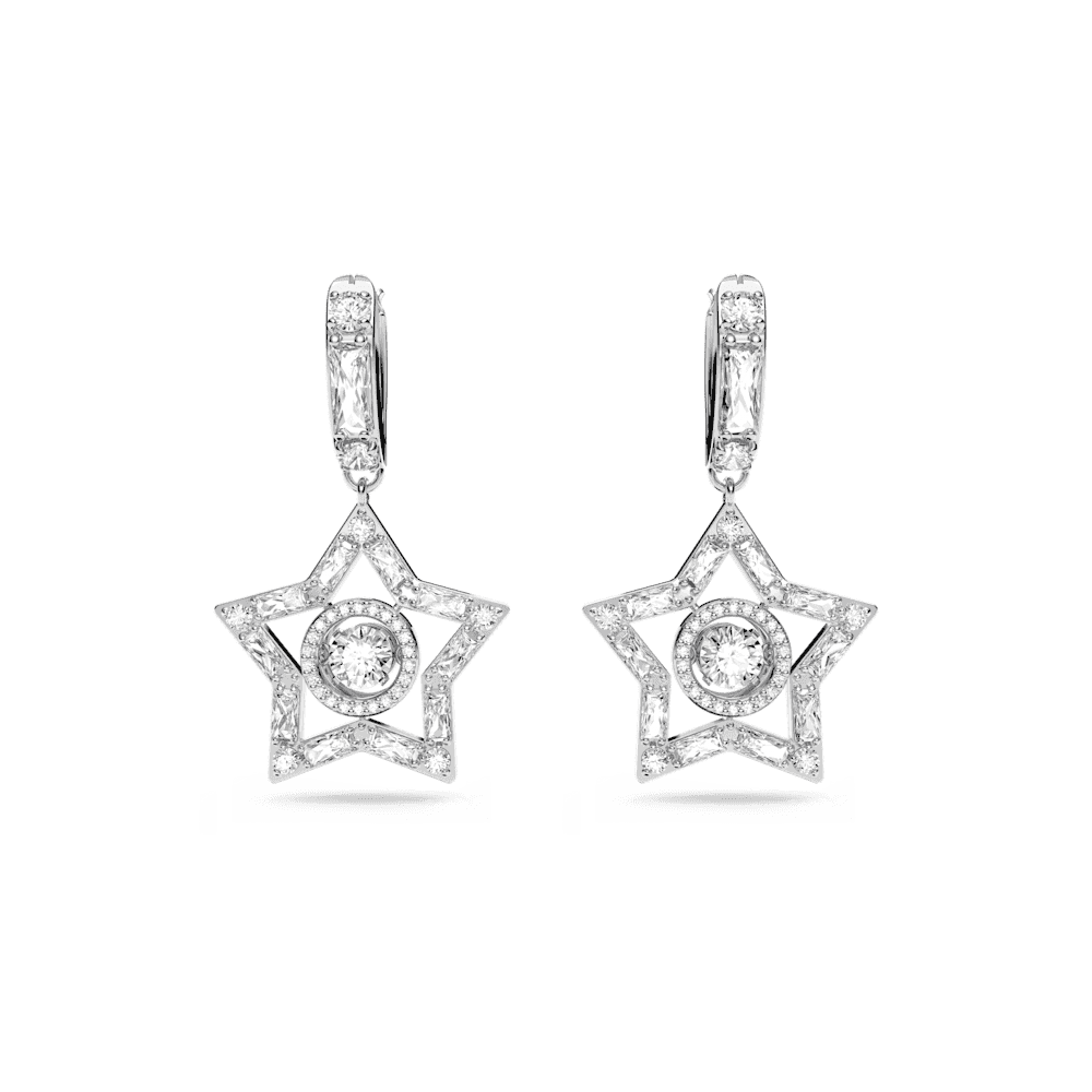 Stella drop earrings, Mixed cuts, Star, White, Rhodium plated