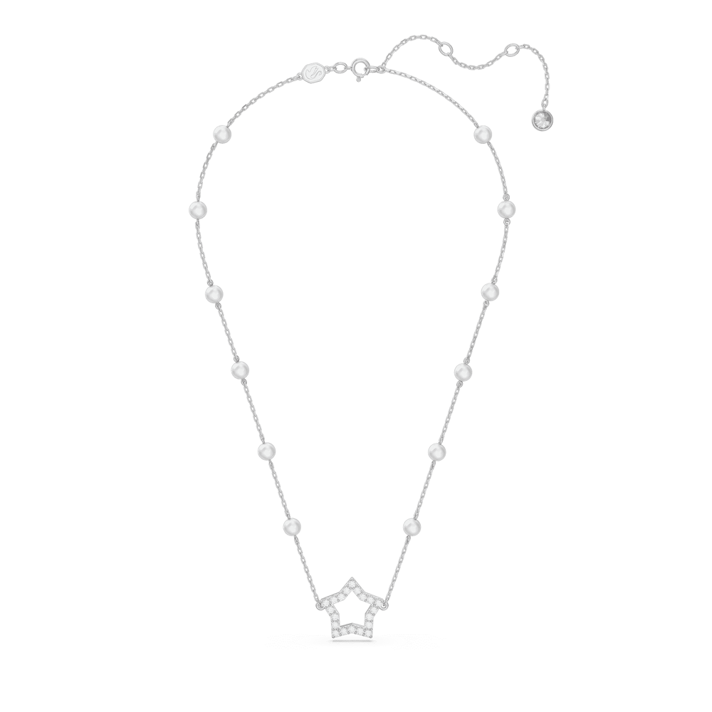 Stella necklace Crystal pearls, Star, White, Rhodium plated
