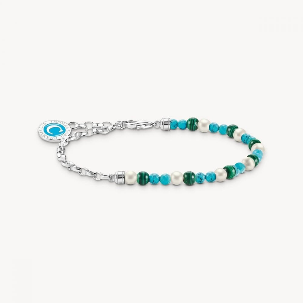 Sterling Silver Charm Bracelet with White Pearls, Malachite and Disc