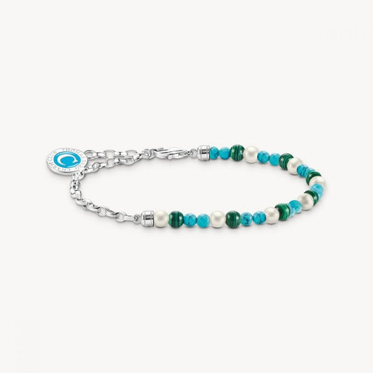 Sterling Silver Charm Bracelet with White Pearls, Malachite and Disc