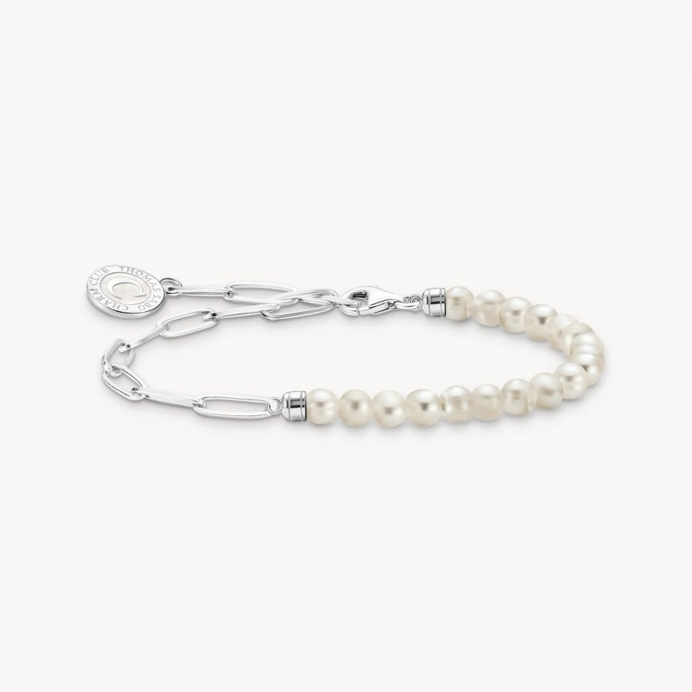 Sterling Silver Charm Bracelet with White Pearls and Coin 