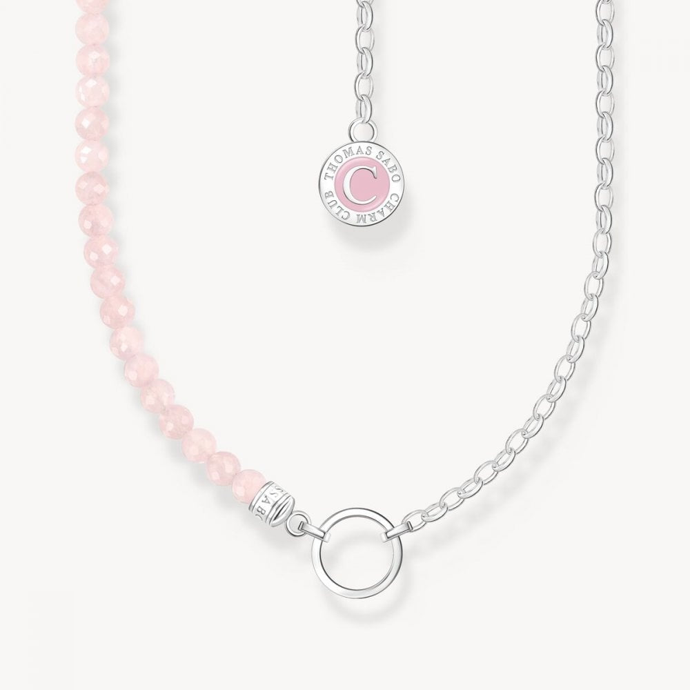 Sterling Silver Charm Necklace with Beads of Rose Quartz and Coin 