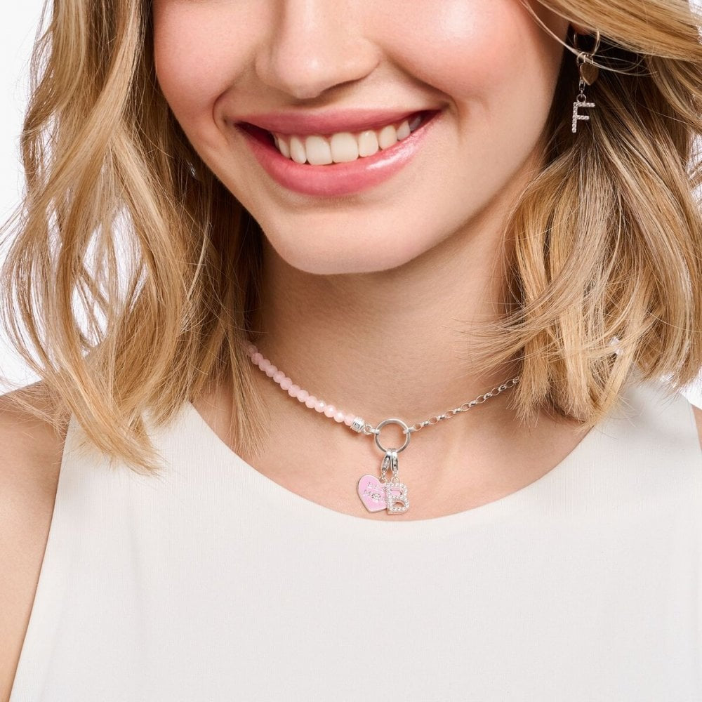 Sterling Silver Charm Necklace with Beads of Rose Quartz and Coin 