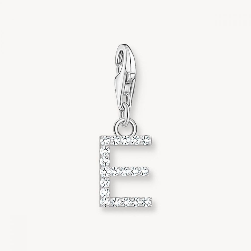 Sterling Silver Charm Pendant Letter E with White Stones