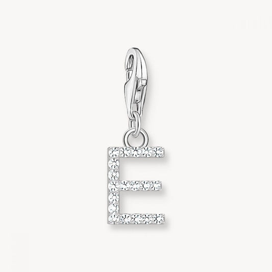 Sterling Silver Charm Pendant Letter E with White Stones