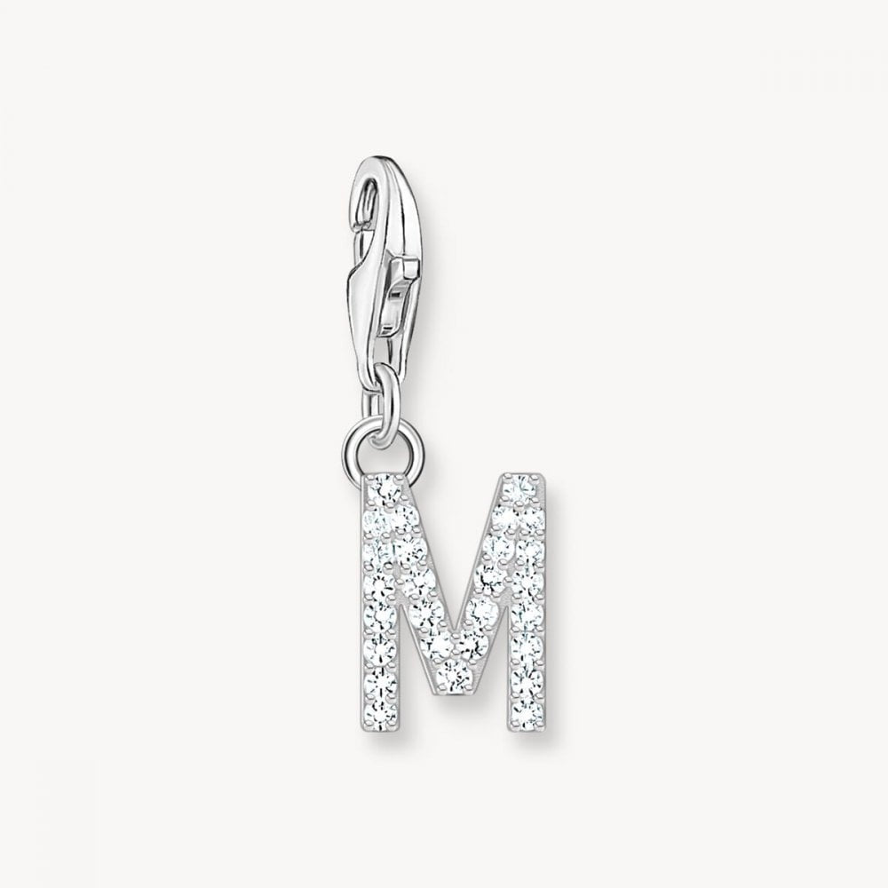Sterling Silver Charm Pendant Letter M with White Stones