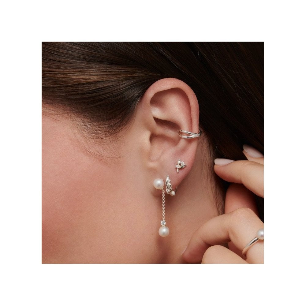 Sterling Silver Leaves with White Stone Silver Single Ear Stud