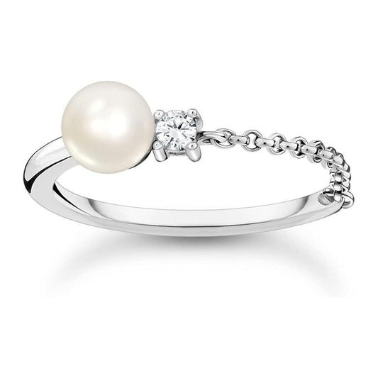 Sterling Silver Pearl and Chain Ring with White Stone