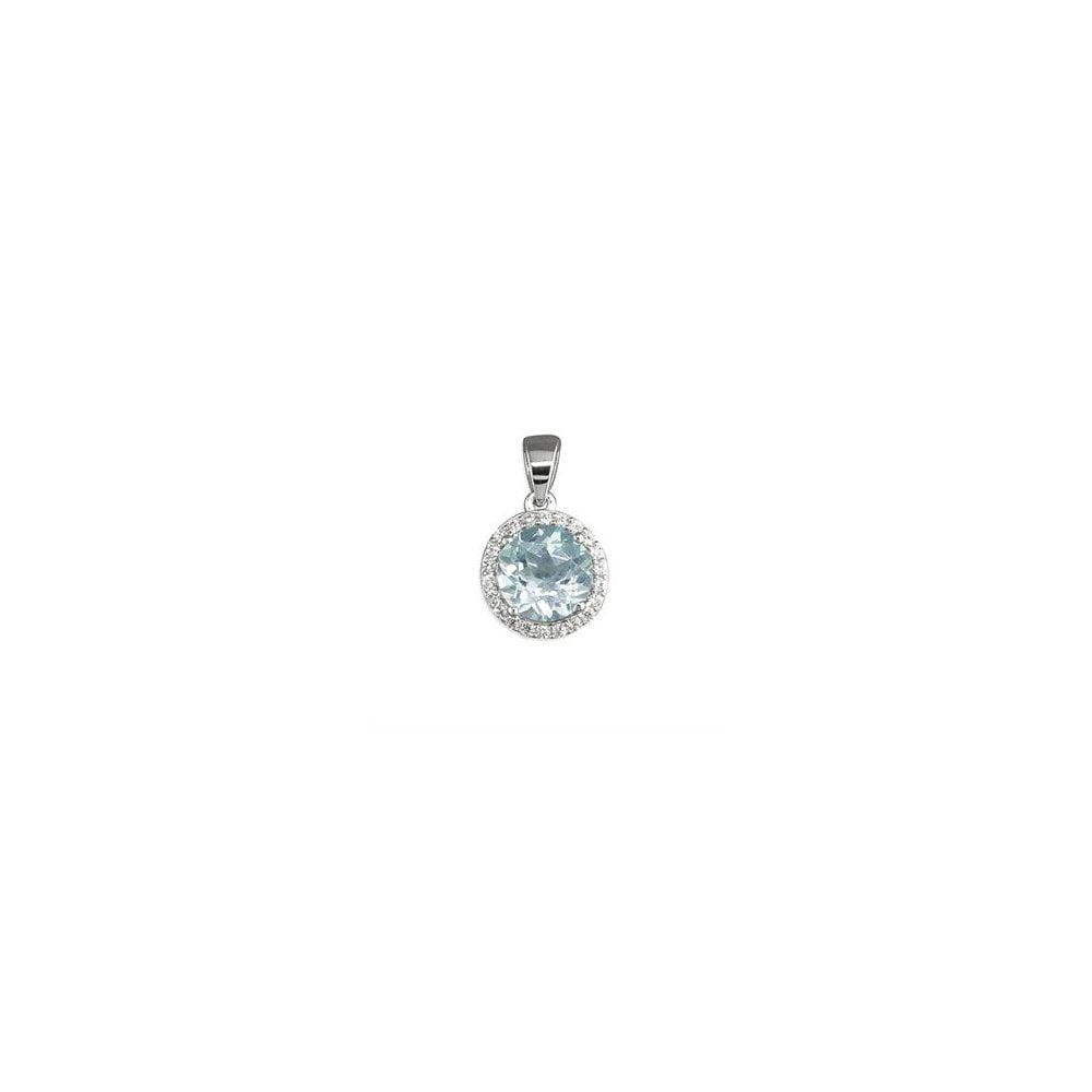 Sterling silver medium round blue topaz with cubic zirconia halo pendant