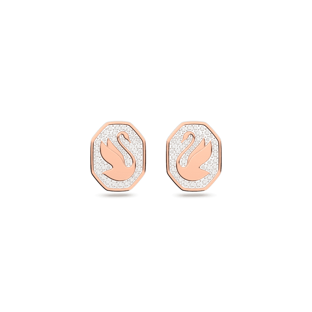 Swan stud earrings, Octagon shape, Swan, White, Rose gold-tone plated