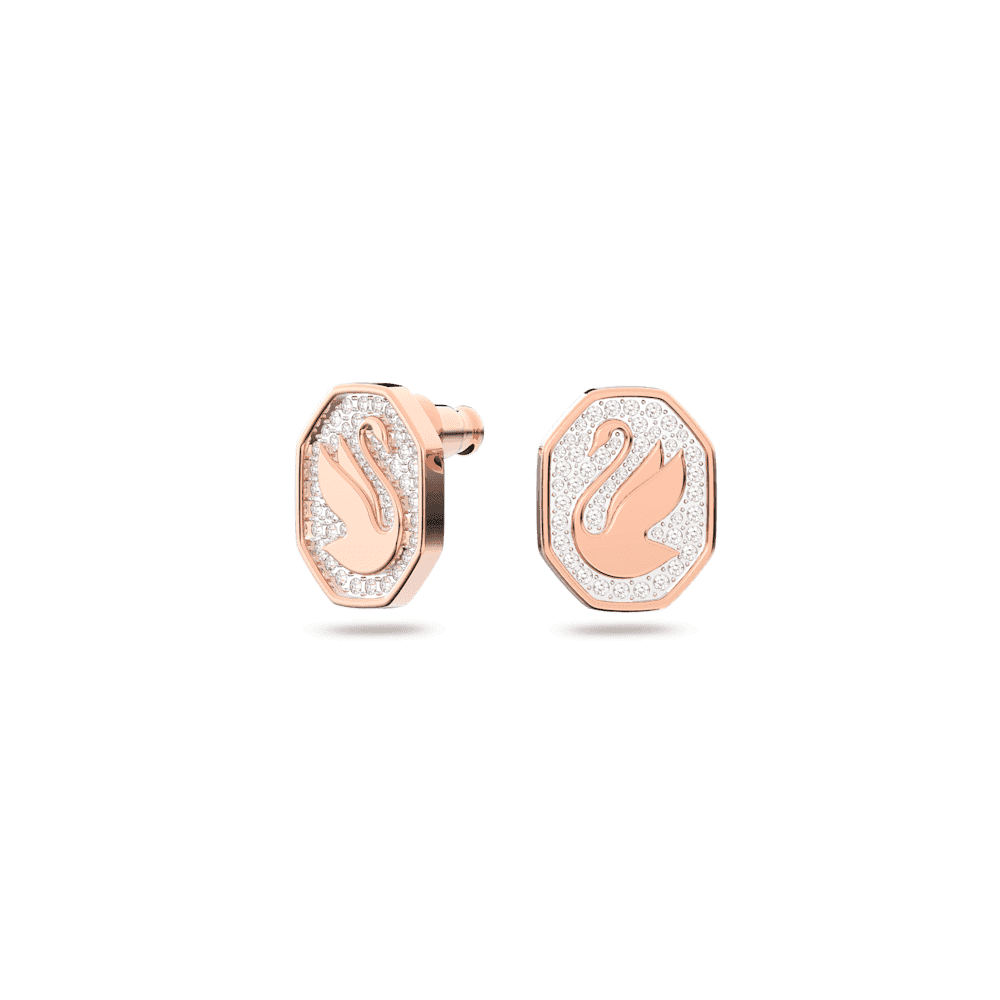Swan stud earrings, Octagon shape, Swan, White, Rose gold-tone plated