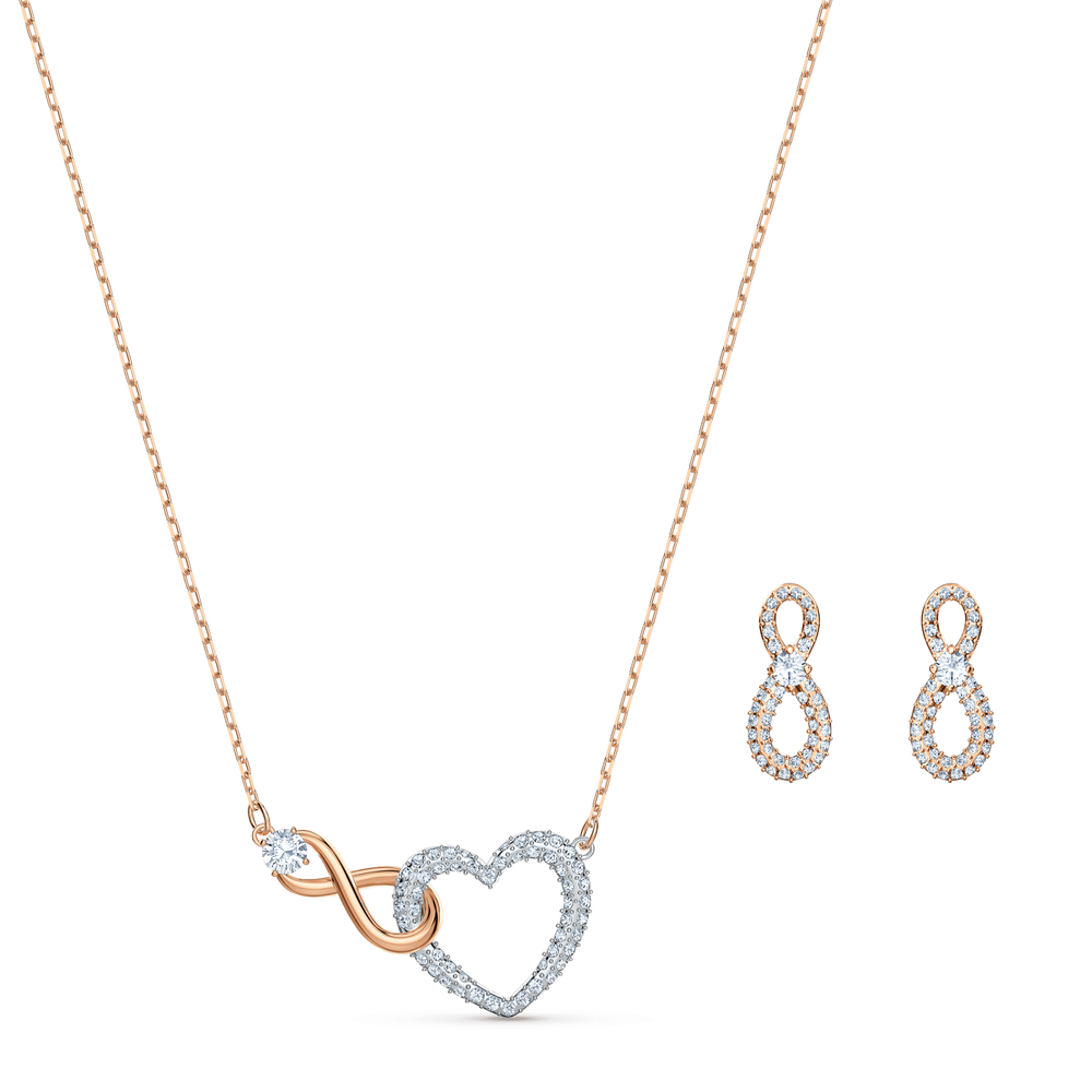 Swarovski Infinity set, Infinity and heart, White, Mixed metal finish