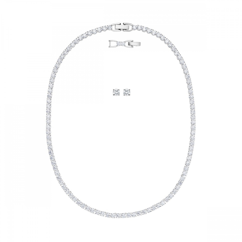 TENNIS DELUXE SET, MATCHING NECKLACE AND STUD EARRINGS, WHITE SWAROVSKI CRYSTALS, RHODIUM PLATED