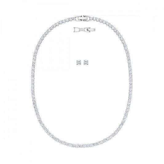 TENNIS DELUXE SET, MATCHING NECKLACE AND STUD EARRINGS, WHITE SWAROVSKI CRYSTALS, RHODIUM PLATED