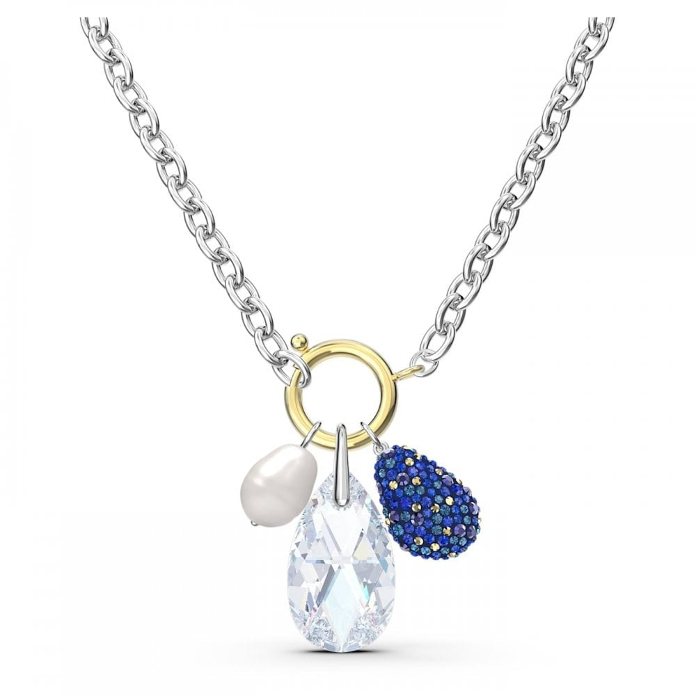 THE ELEMENTS SILVER NECKLACE WITH BLUE, CRYSTAL & PEARL CHARMS