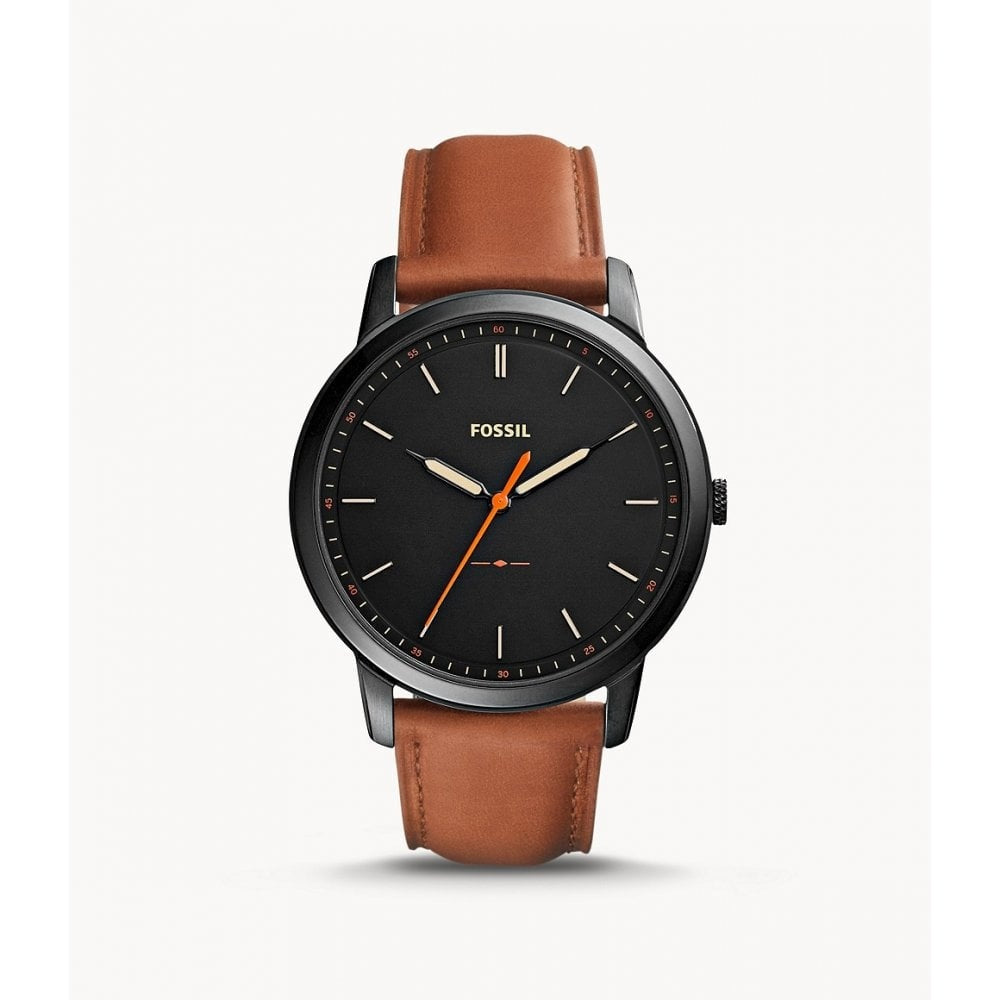 THE MINIMILAST BLACK STAINLESS STEEL GENTS WATCH WITH BROWN LEATHER STRAP
