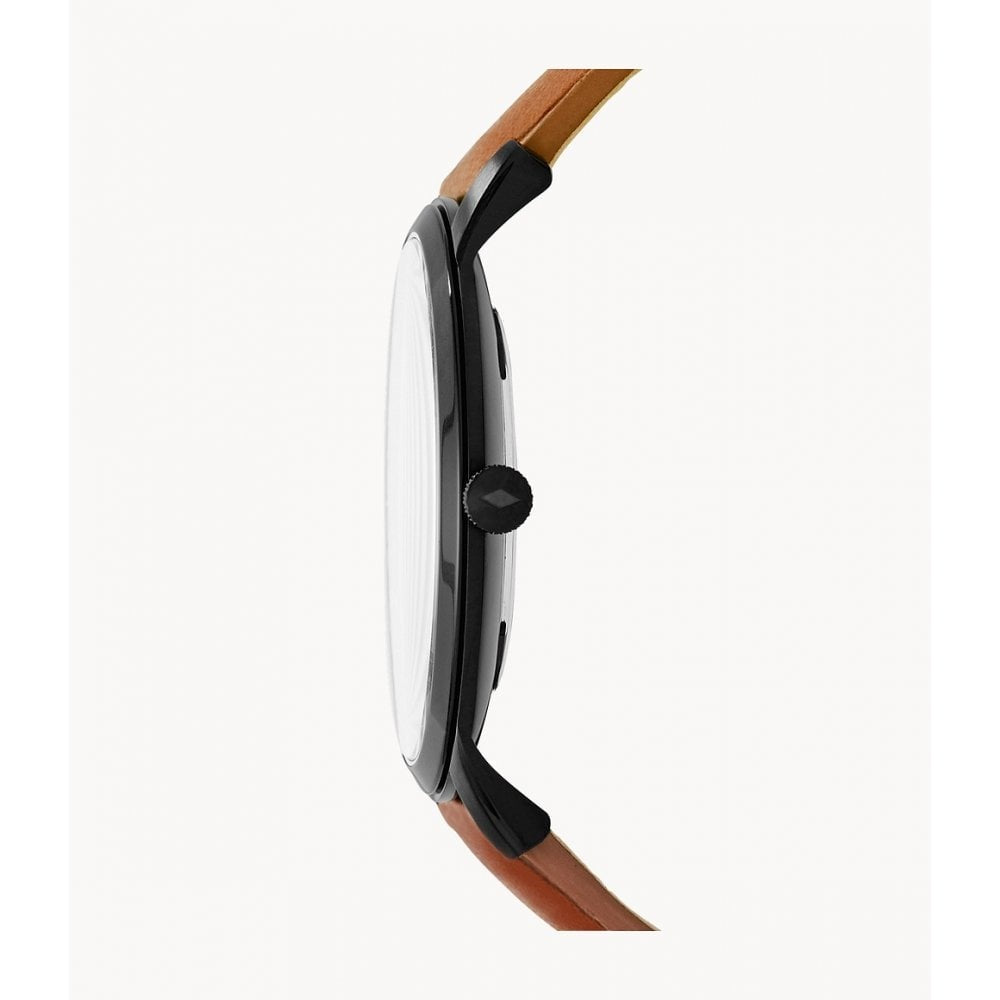 THE MINIMILAST BLACK STAINLESS STEEL GENTS WATCH WITH BROWN LEATHER STRAP