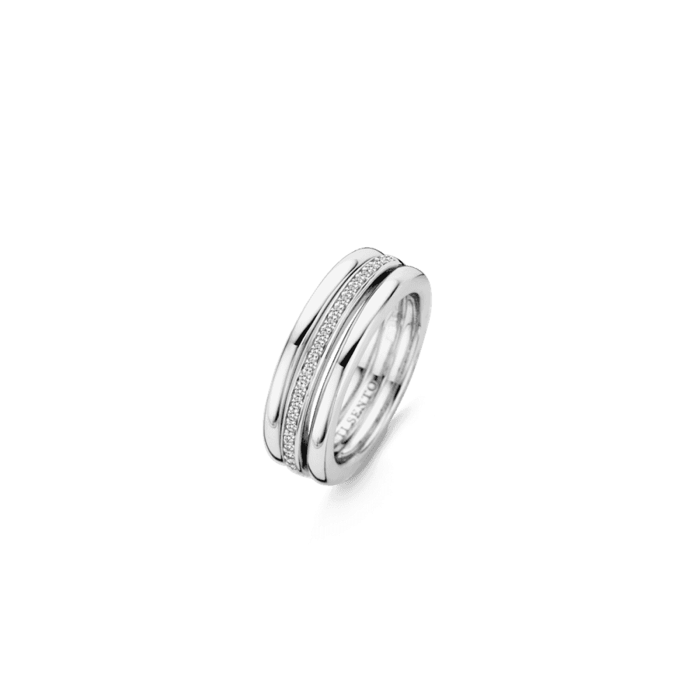 TISENTO MILANO RING WITH PAVE CZ BAND BETWEEN 2 PLAIN BANDS