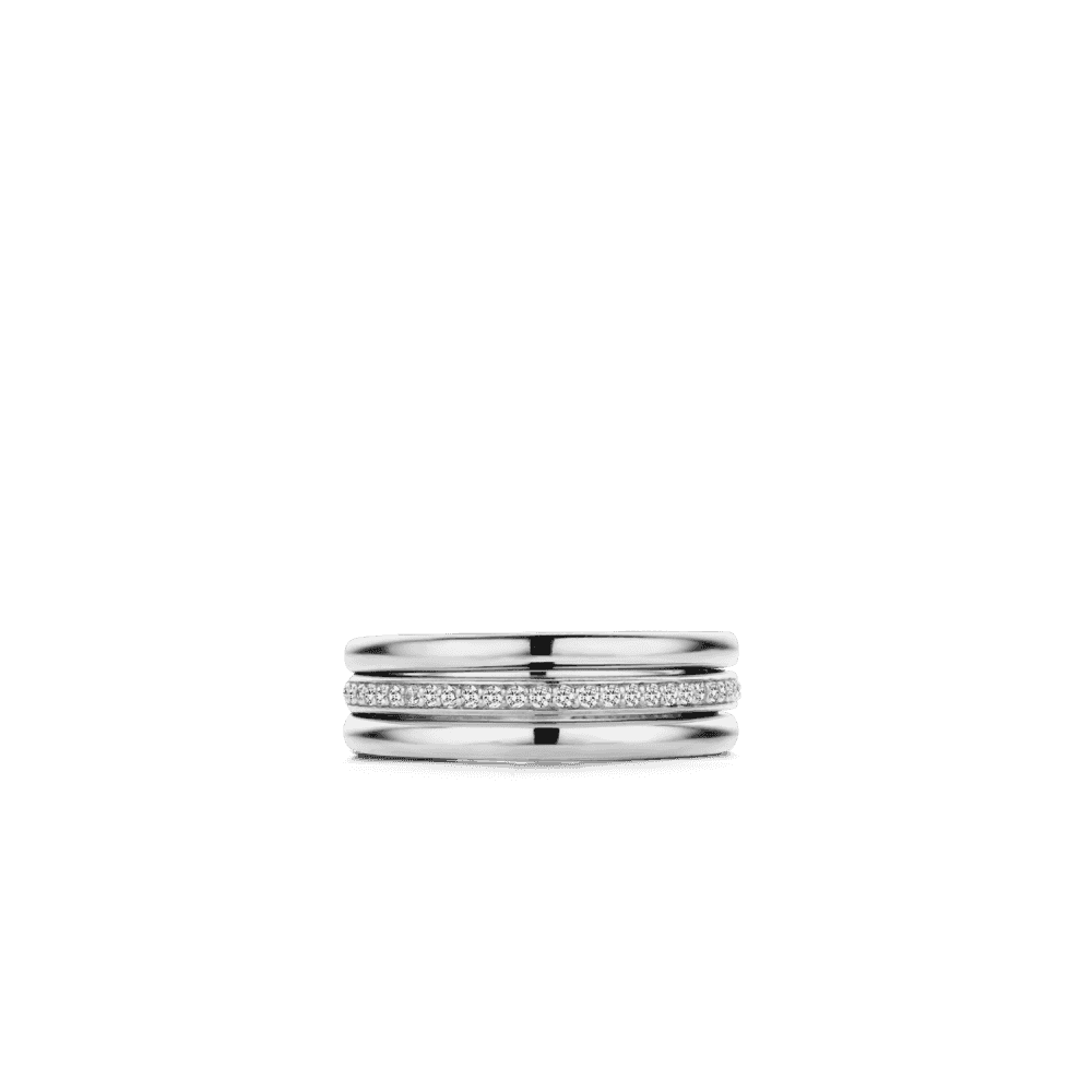 TISENTO MILANO RING WITH PAVE CZ BAND BETWEEN 2 PLAIN BANDS