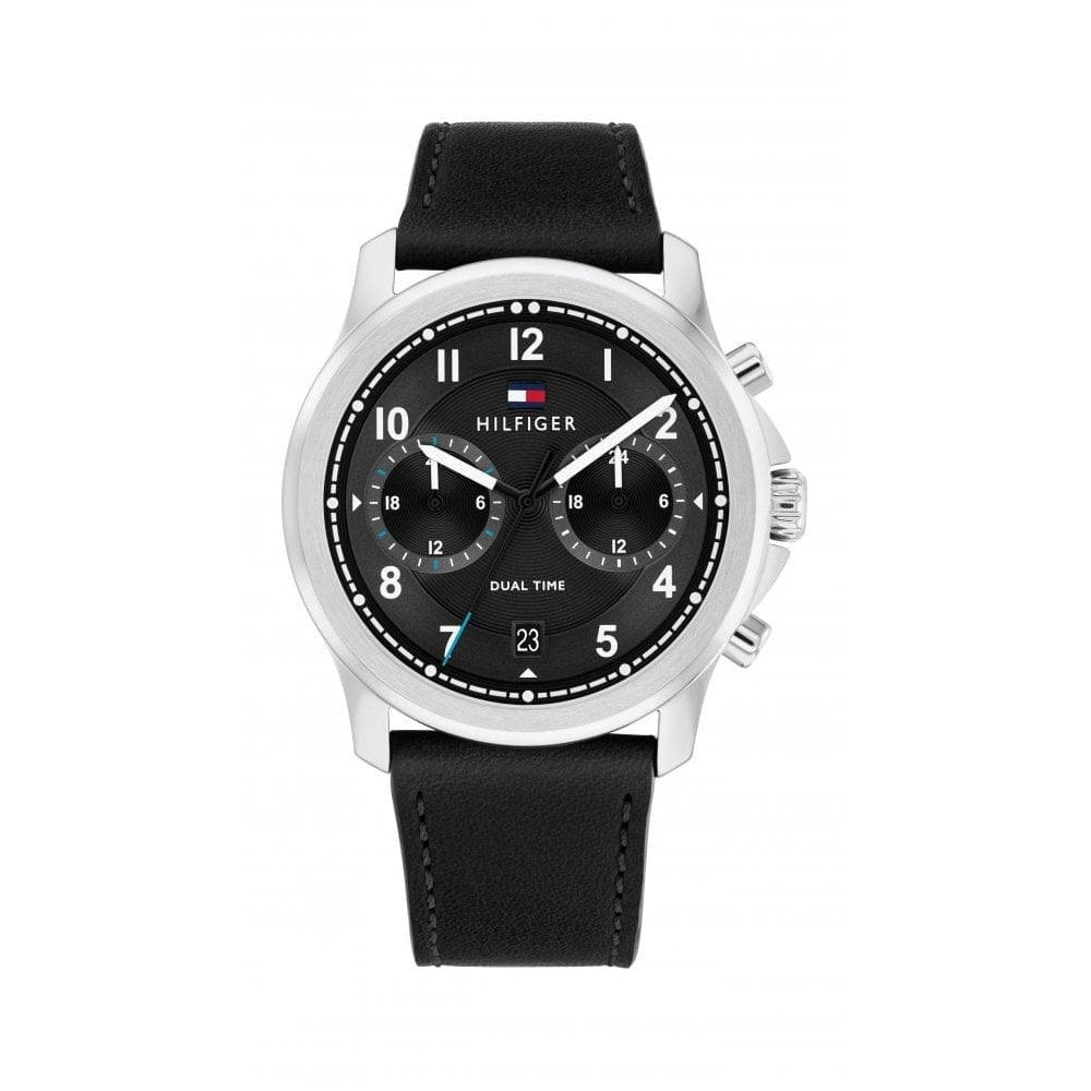 TOMMY HILFIGER CHRONOGRAPH DUAL TIME BLACK LEATHER WATCH