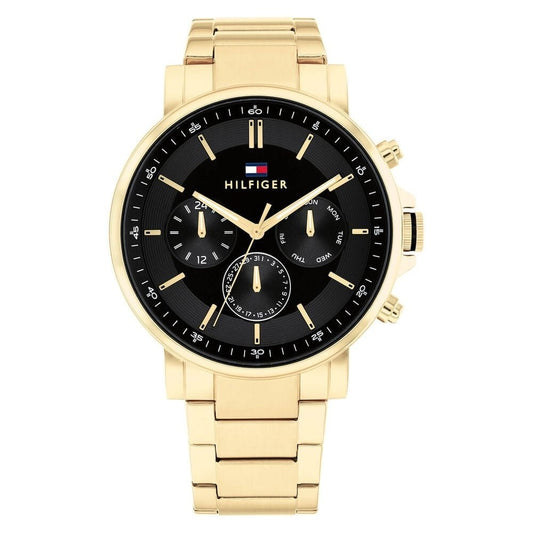 TOMMY HILFIGER GENTS TYSON GOLD STRAP AND BLACK CHRONOGRAPH DIAL WATCH