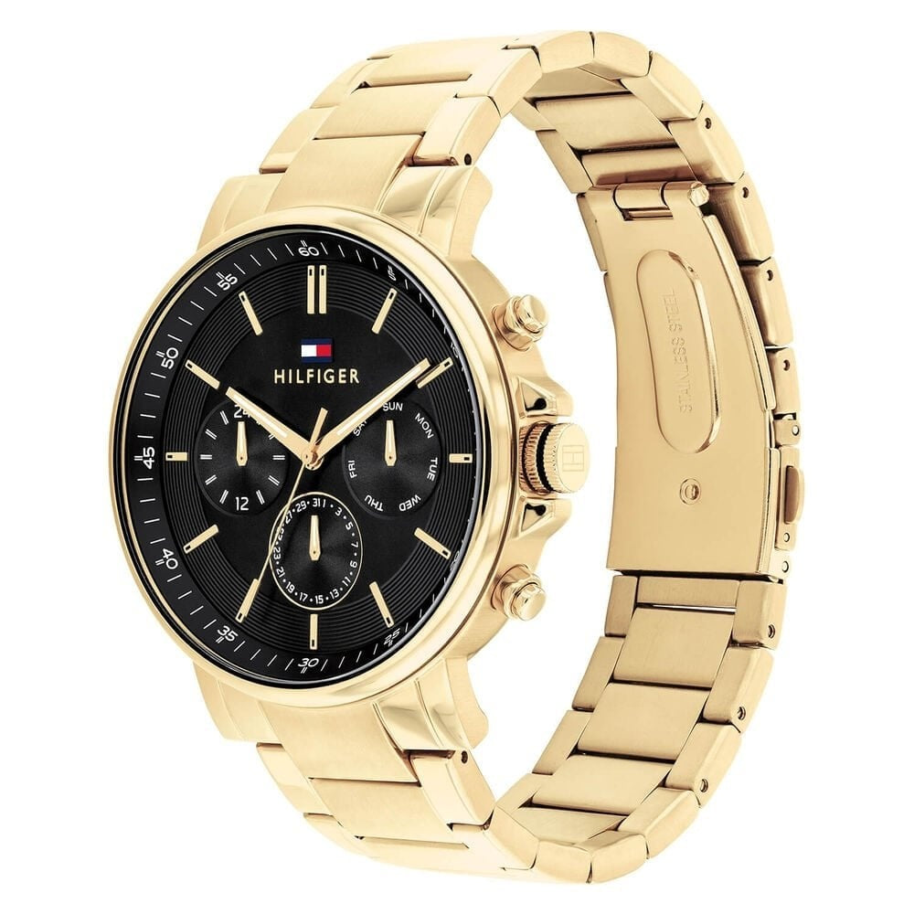 TOMMY HILFIGER GENTS TYSON GOLD STRAP AND BLACK CHRONOGRAPH DIAL WATCH