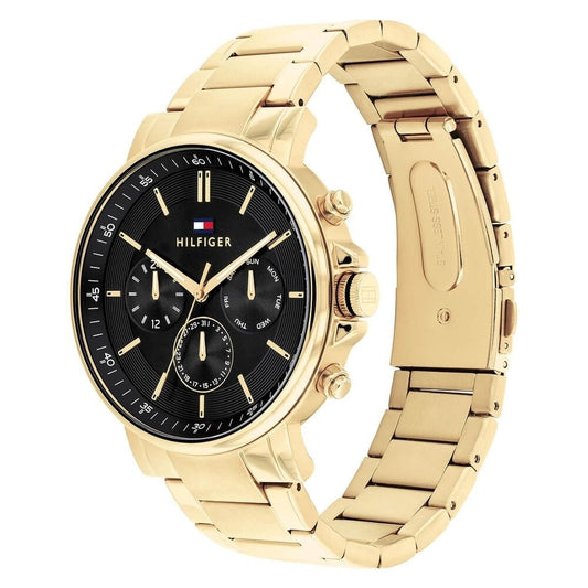 TOMMY HILFIGER GENTS TYSON GOLD STRAP AND BLACK CHRONOGRAPH DIAL WATCH