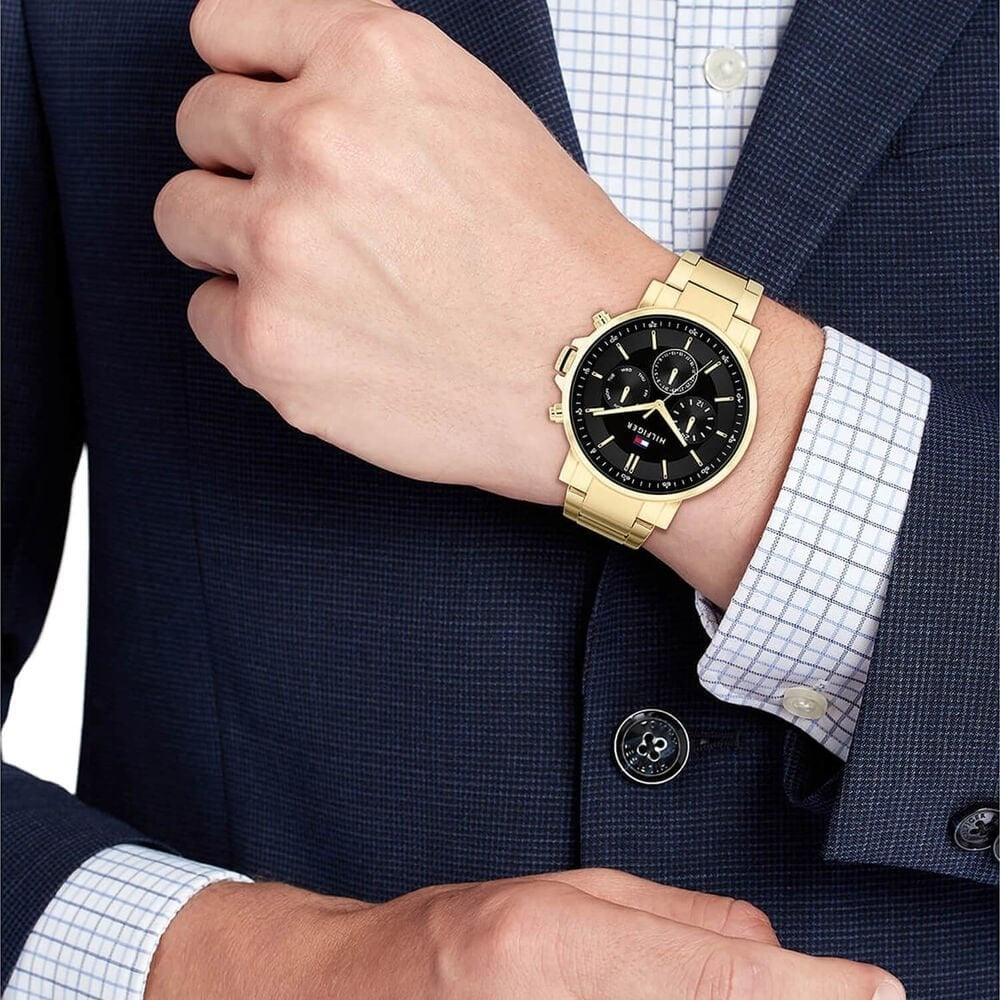 TOMMY HILFIGER GENTS TYSON GOLD STRAP AND BLACK CHRONOGRAPH DIAL WATCH