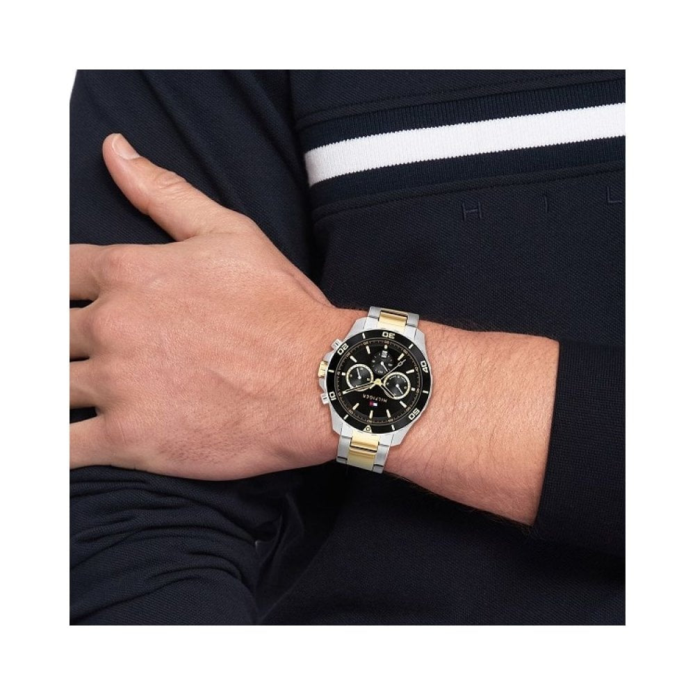 TOMMY HILFIGER JORDAN BLACK DIAL TWO TONE STAINLESS STEEL BRACELET GENTS WATCH