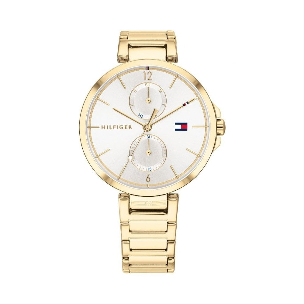 TOMMY HILFIGER LADIES YELLOW GOLD STAINLESS STEEL BRACELET WATCH MOTHER OF PEARL MULTI-DIAL FACE