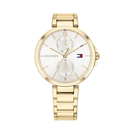 TOMMY HILFIGER LADIES YELLOW GOLD STAINLESS STEEL BRACELET WATCH MOTHER OF PEARL MULTI-DIAL FACE