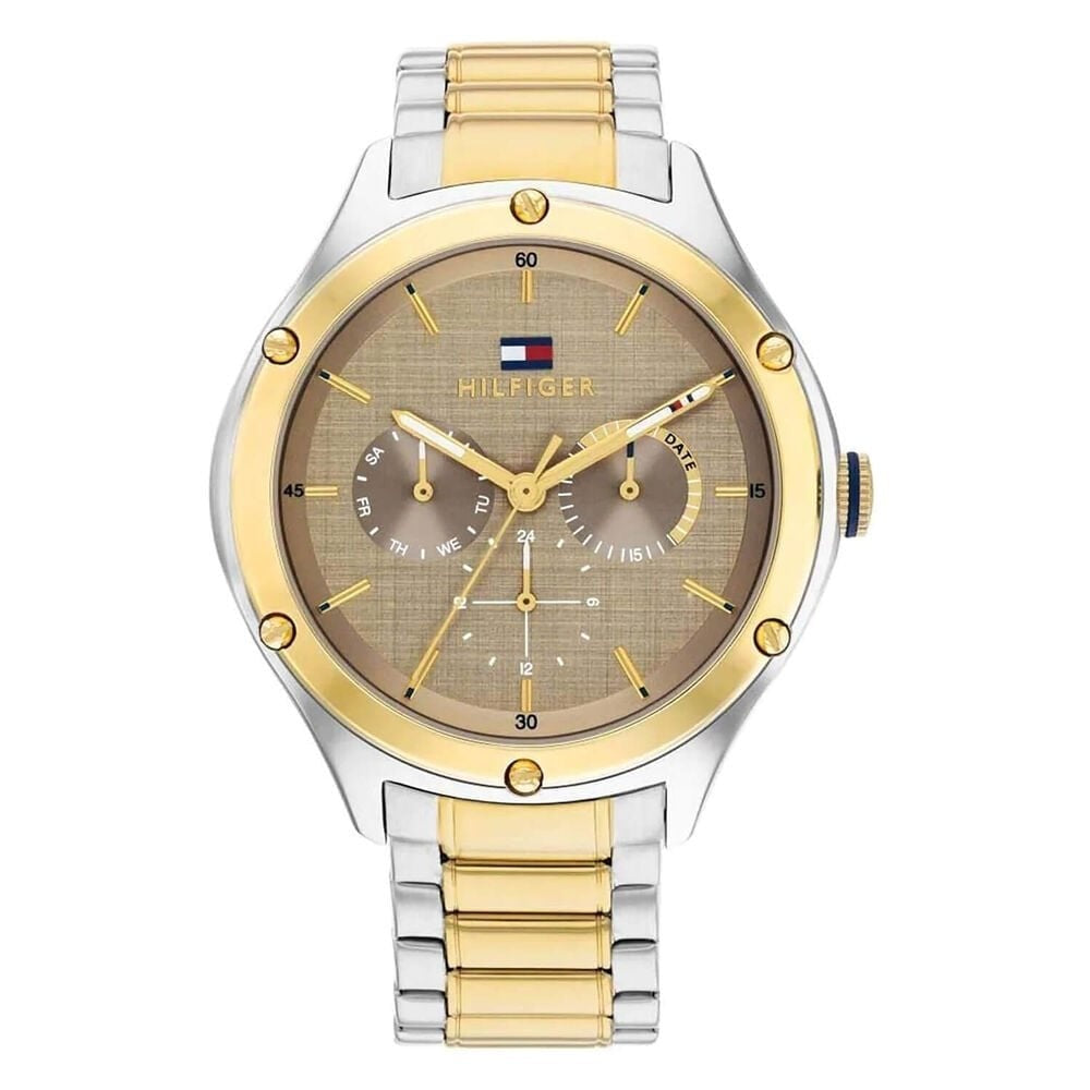 TOMMY HILFIGER LEXI BROWN DIAL TWO TONE GOLD AND SILVER STAINLESS STEEL BRACELET LADIES WATCH