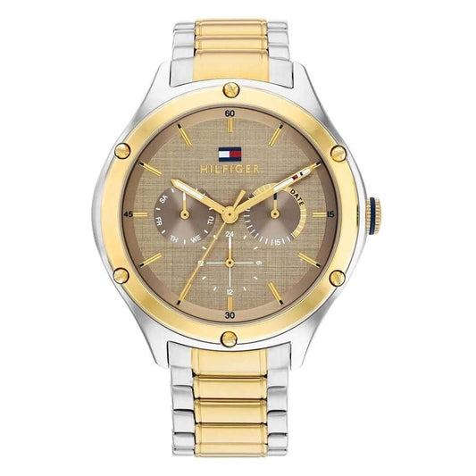 TOMMY HILFIGER LEXI BROWN DIAL TWO TONE GOLD AND SILVER STAINLESS STEEL BRACELET LADIES WATCH