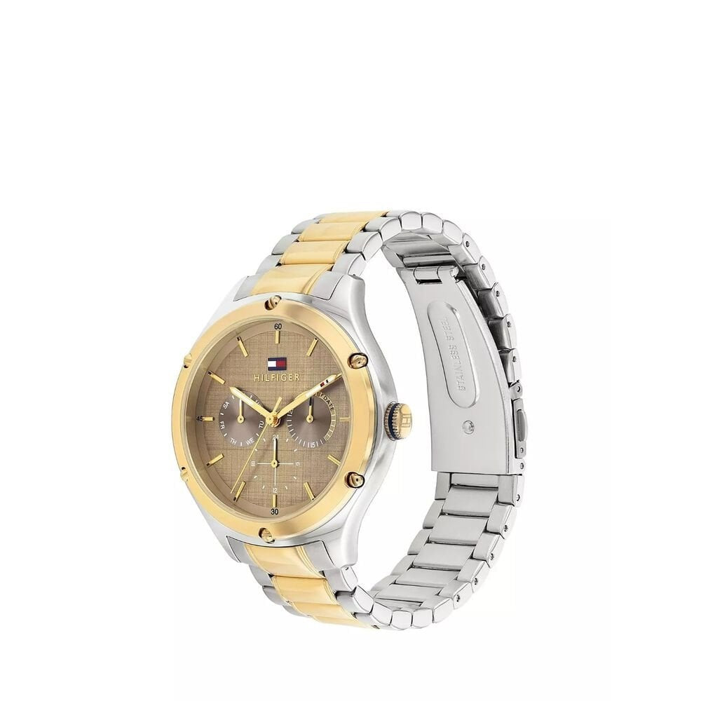 TOMMY HILFIGER LEXI BROWN DIAL TWO TONE GOLD AND SILVER STAINLESS STEEL BRACELET LADIES WATCH