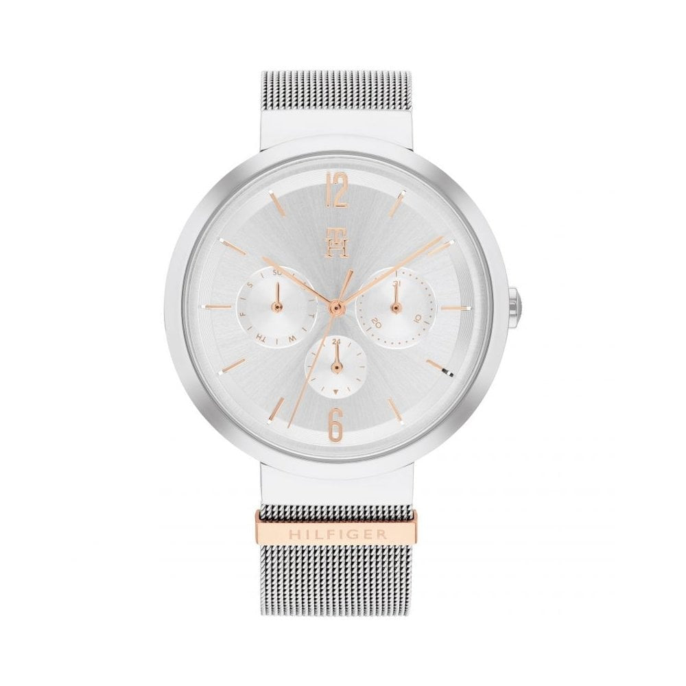 TOMMY HILFIGER LIDIA STAINLESS STEEL AND GOLD SILVER DIAL WITH MESH STRAP LADIES WATCH