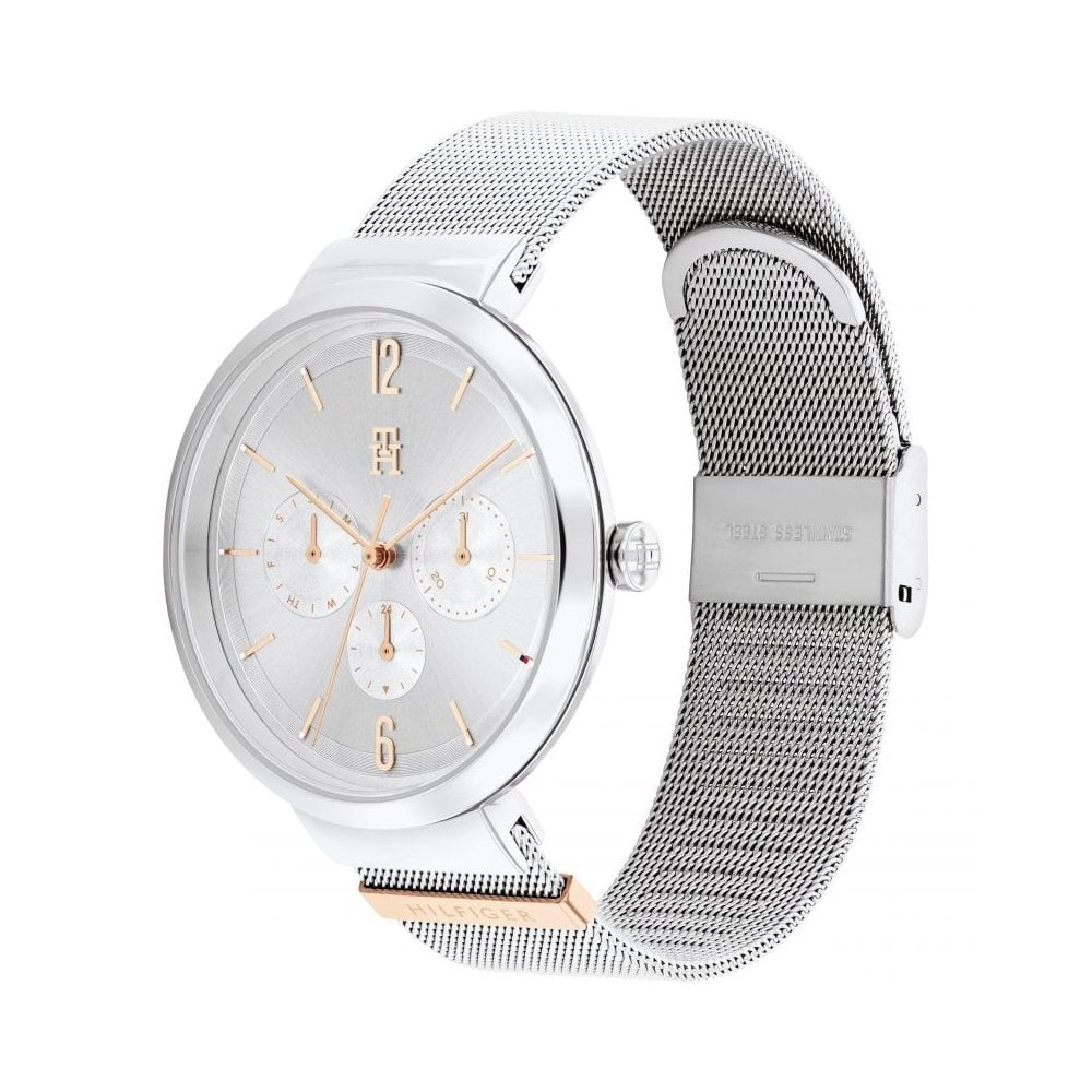 TOMMY HILFIGER LIDIA STAINLESS STEEL AND GOLD SILVER DIAL WITH MESH STRAP LADIES WATCH