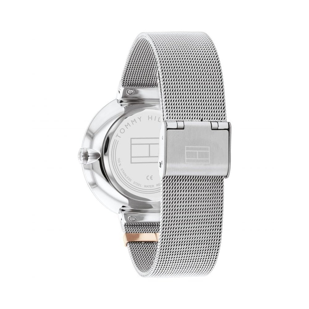 TOMMY HILFIGER LIDIA STAINLESS STEEL AND GOLD SILVER DIAL WITH MESH STRAP LADIES WATCH