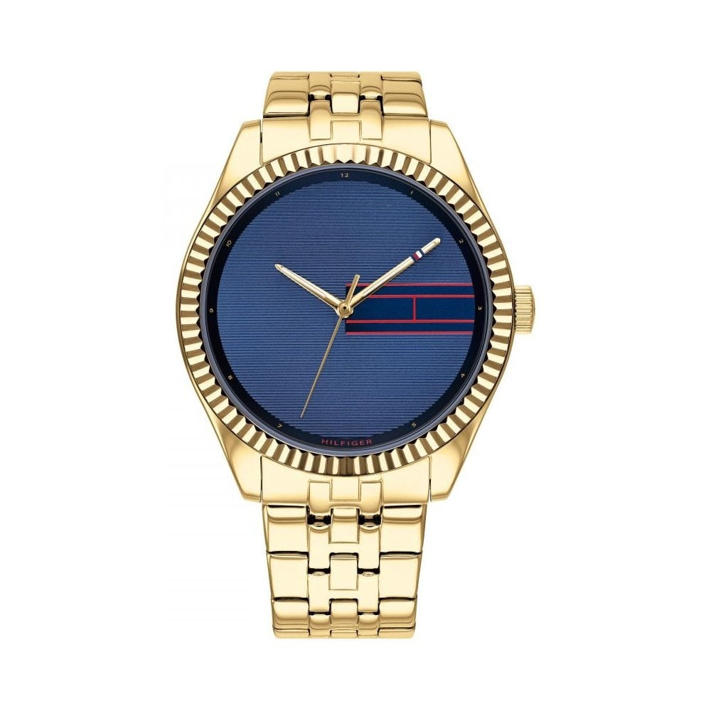 TOMMY HILFIGER WOMENS GOLD STAINLESS STEEL BRACELET WATCH WITH BLUE SIMPLE DIAL